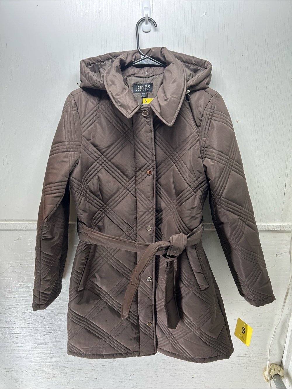 Jones New York Quilted Brown Hooded Belted Puffer Coat